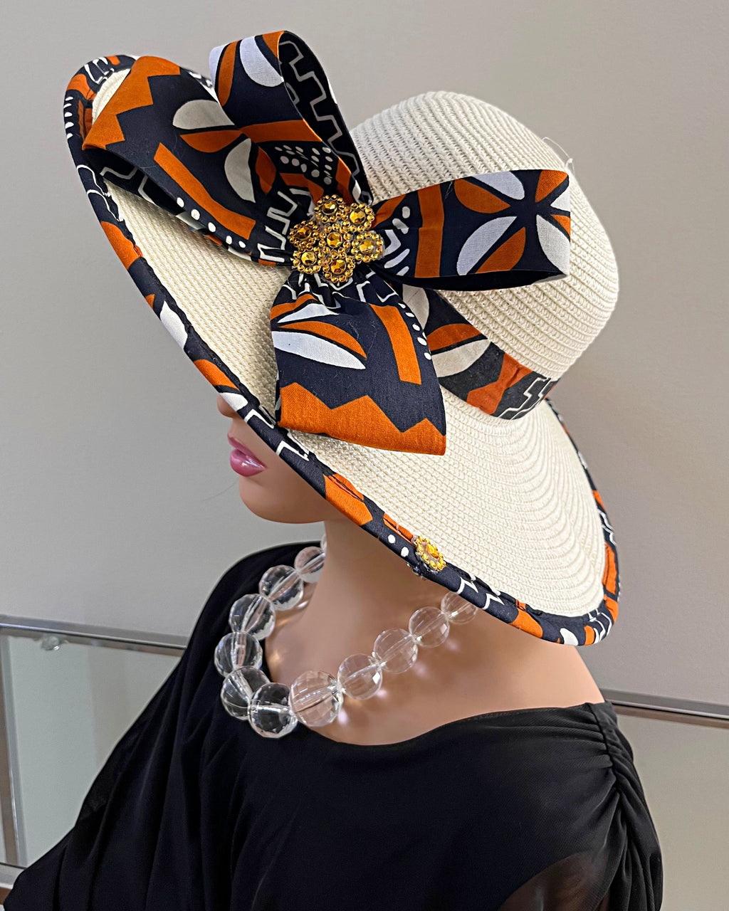 Cowria African Print Straw Church Sun Hat - Off-white/ Brown