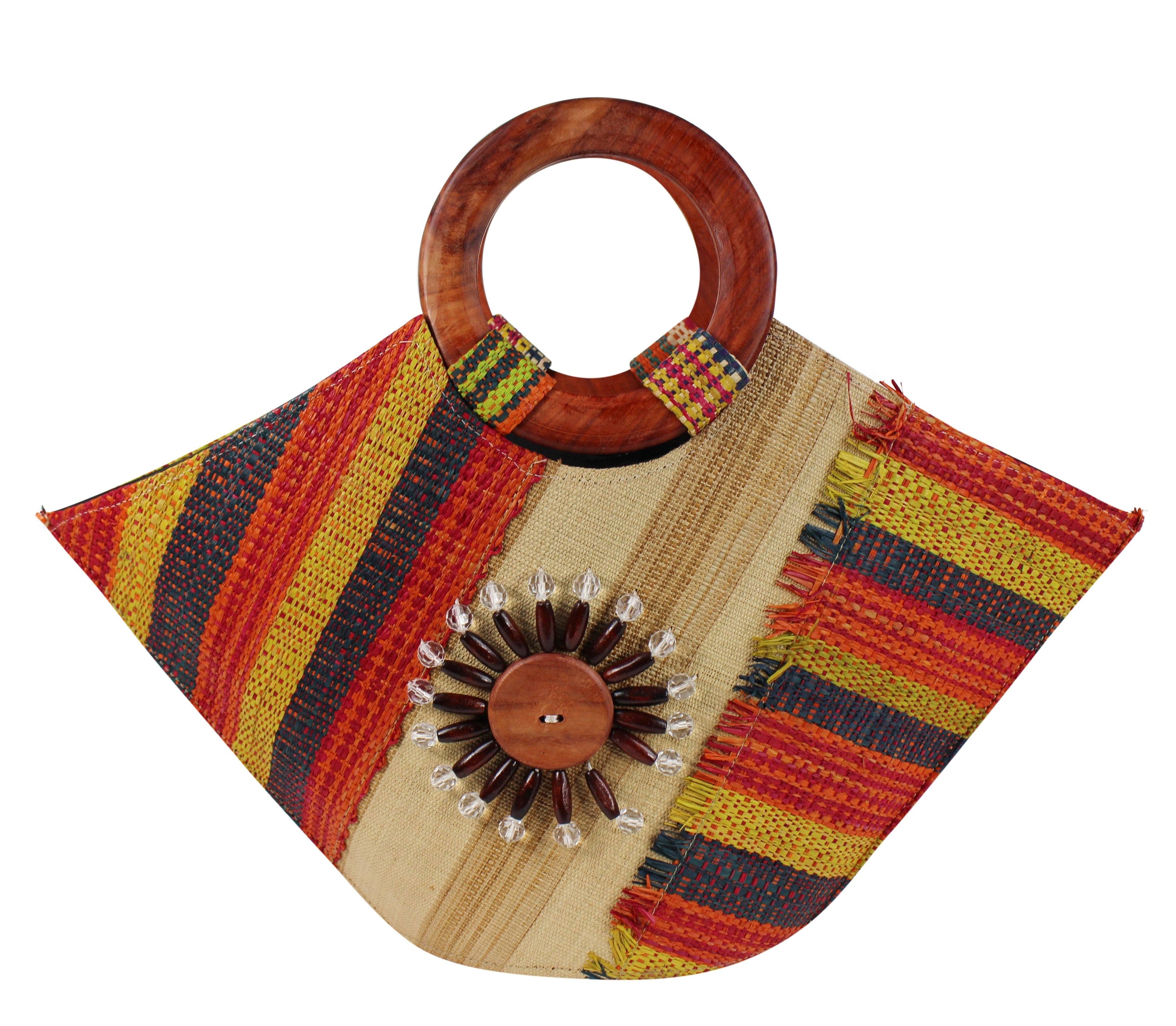African Hand Woven Raffia Fibers Basket Bag with Wooden Handle