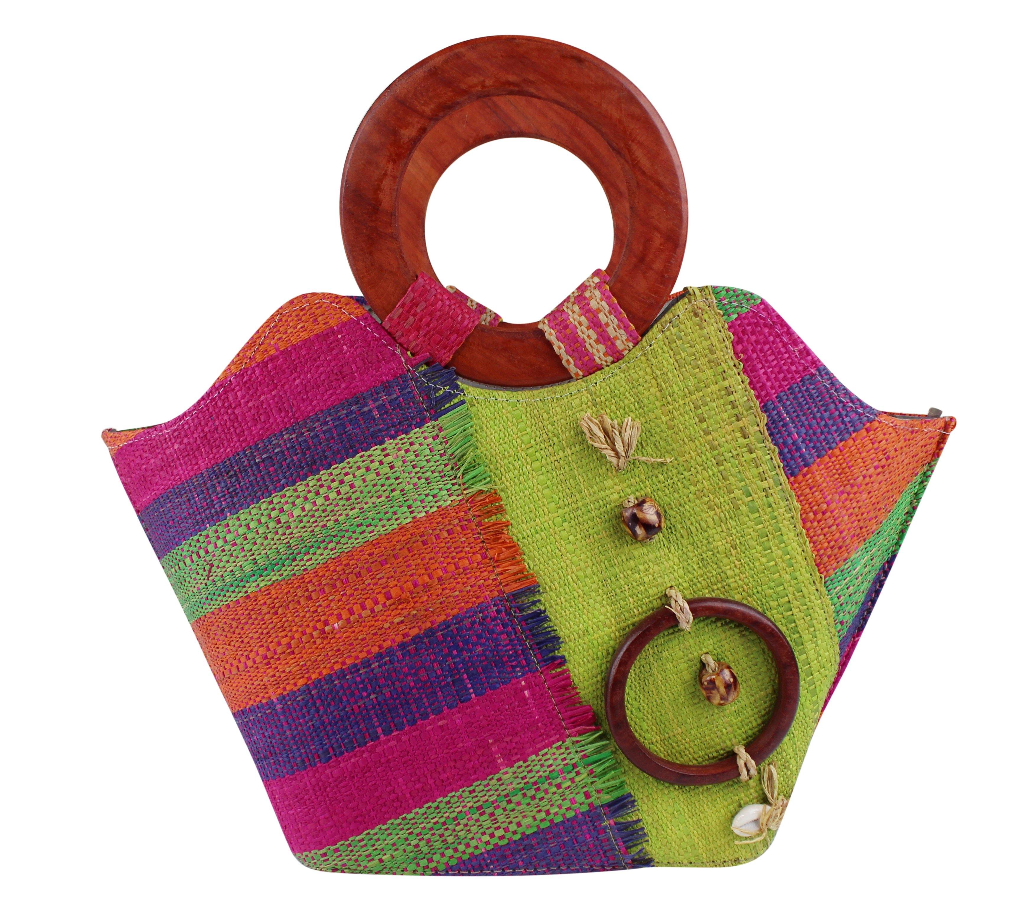African Hand Woven Raffia Fibers Handbag with Wooden Handle