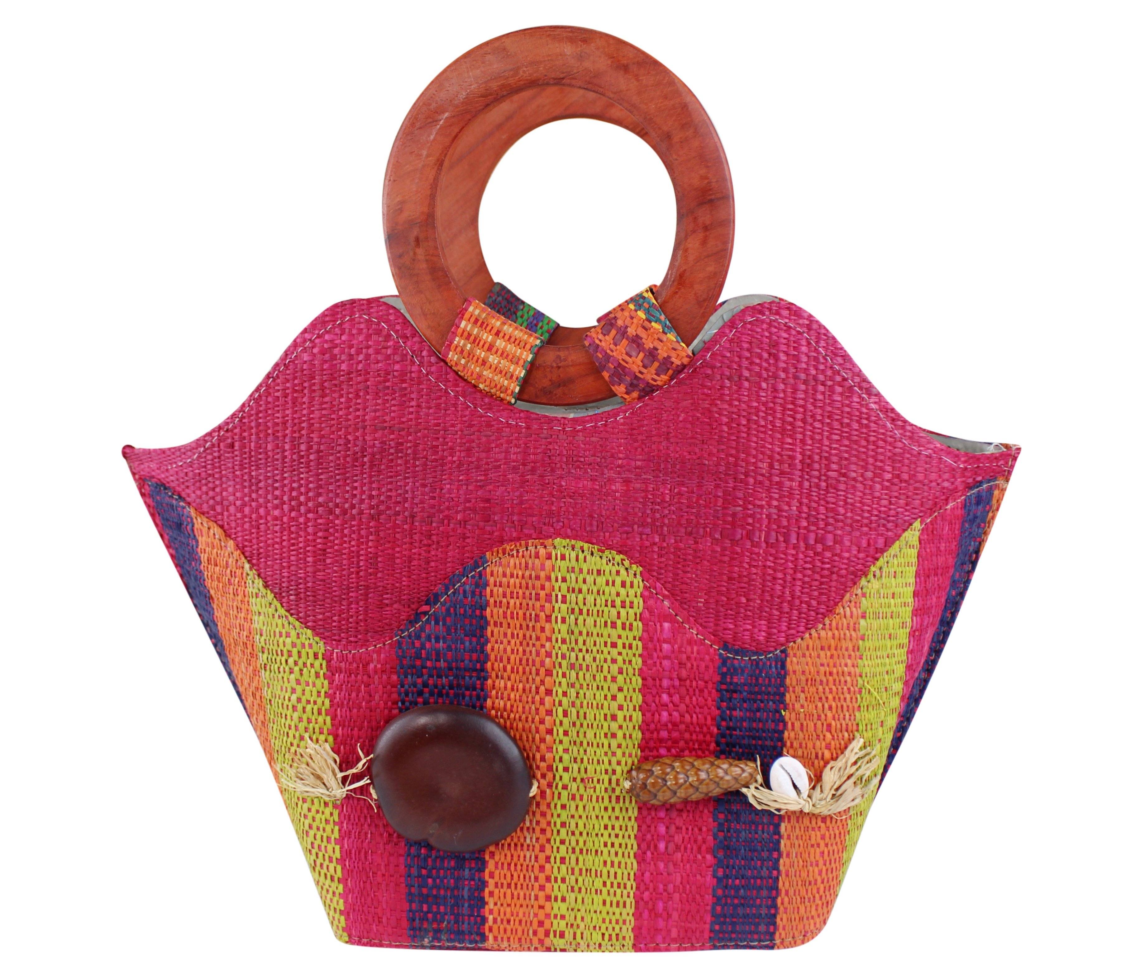 African Hand Woven Raffia Fibers Handbag with Wooden Handle