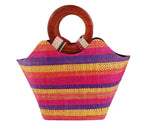 African Hand Woven Raffia Fibers Handbag with Wooden Handle