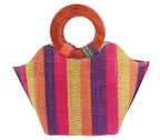 African Hand Woven Raffia Fibers Handbag with Wooden Handle