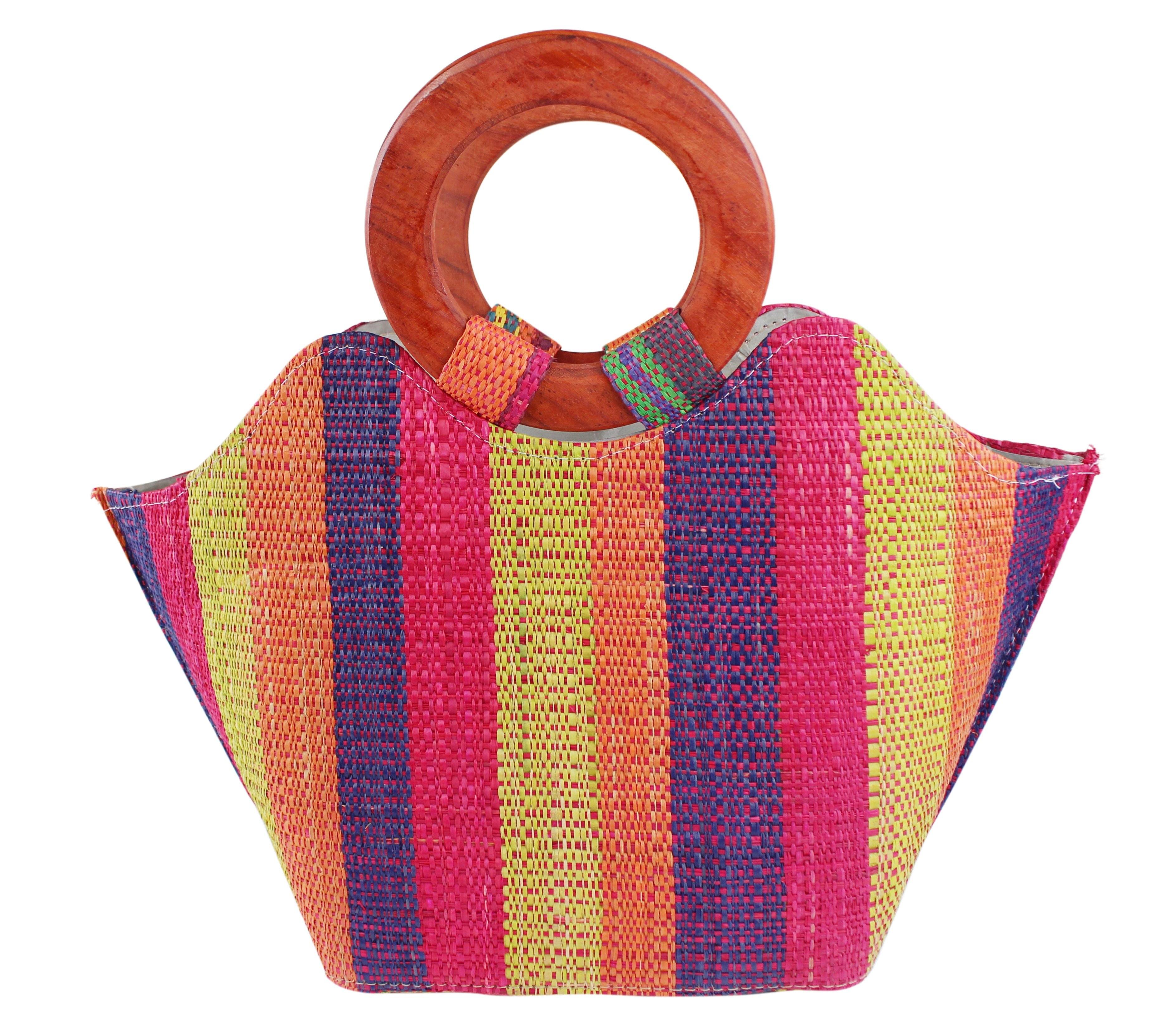 African Hand Woven Raffia Fibers Handbag with Wooden Handle