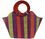 African Hand Woven Raffia Fibers Handbag with Wooden Handle