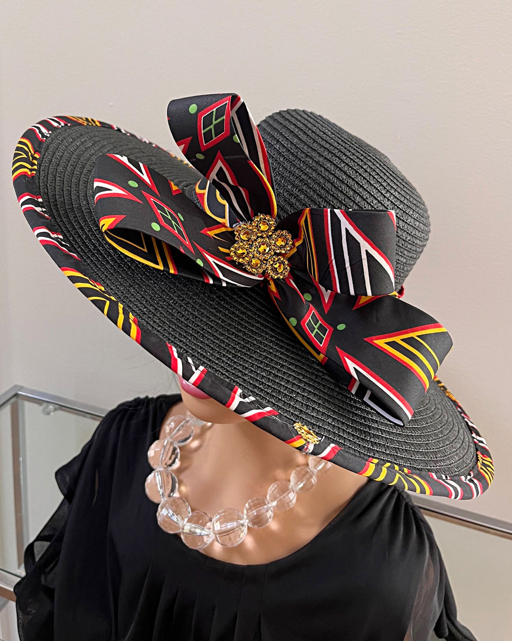 Toghu African Print Straw Church Sun Hat - Black